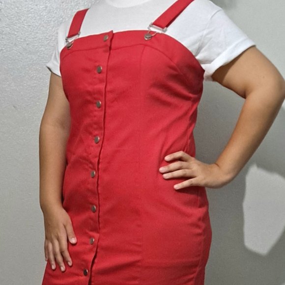 Red Denim Front Snap Button-Down Mini Dress – Plus (1X & 2X) - Picture 4 of 8
